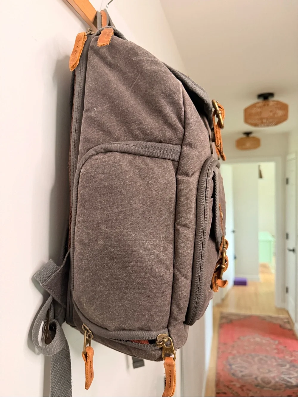 Canvas Camera Backpack for Men - Gray with Tan Accents